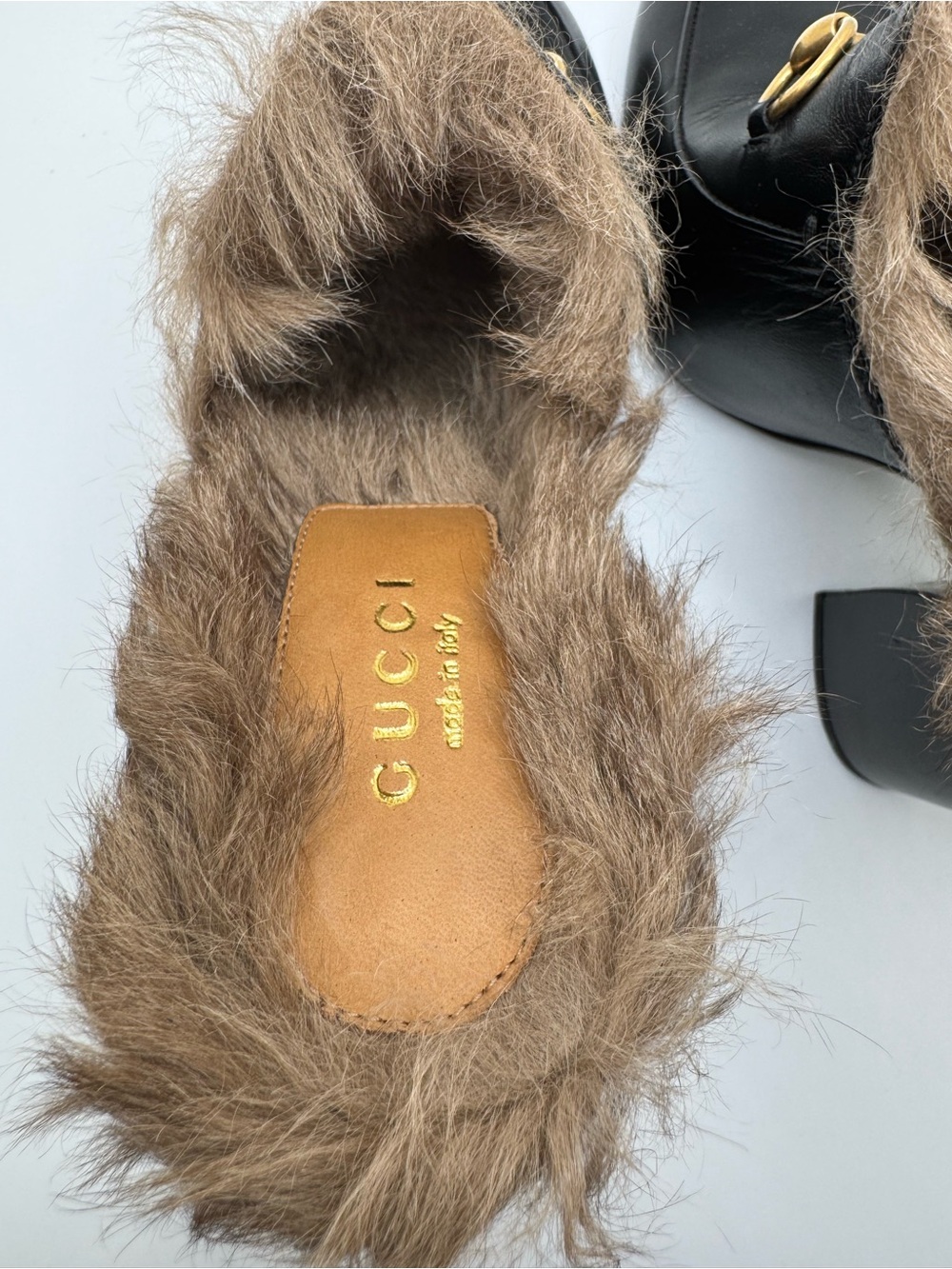 Gucci Princetown Fur Mules Black Leather Horsebit Heels 37 - Picture 3 of 16